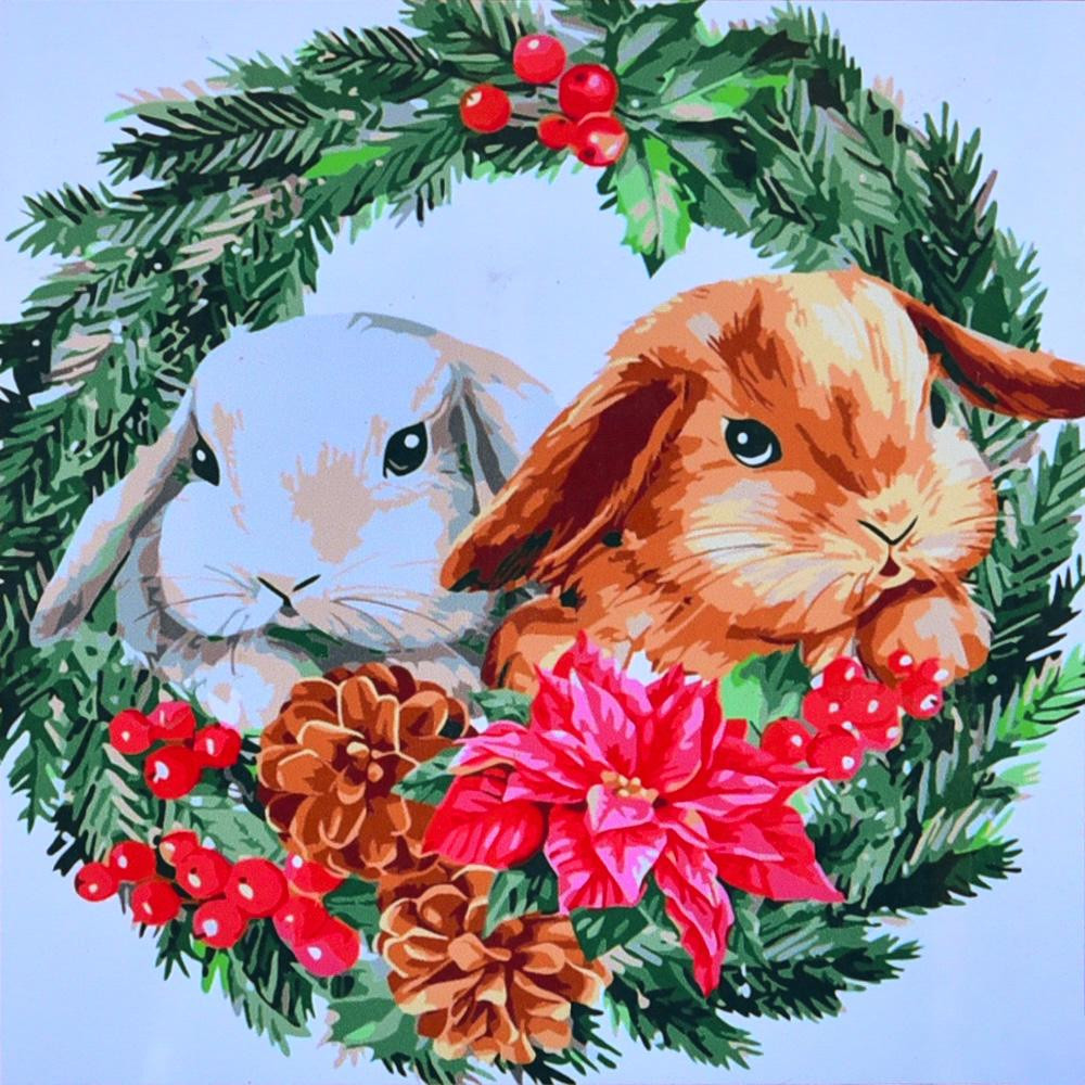 STRATEG Картина за номерами ПРЕМІУМ Зимові кролики з лаком та з рівнем розміром 40х40 см SK059 - зображення 1