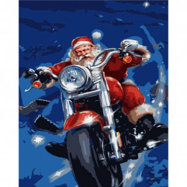 STRATEG Картина за номерами ПРЕМІУМ Дід мороз на мотоциклі з лаком та з рівнем розміром 40х50 см GS1555