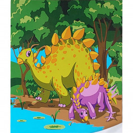 STRATEG Картина за номерами ПРЕМІУМ Динозаври коло берега з лаком та з рівнем розміром 30х30 см ES172