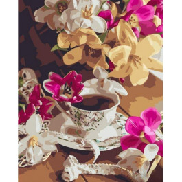 STRATEG Картина за номерами ПРЕМІУМ Чай з тюльпанами з лаком та з рівнем розміром 40х50 см GS1480