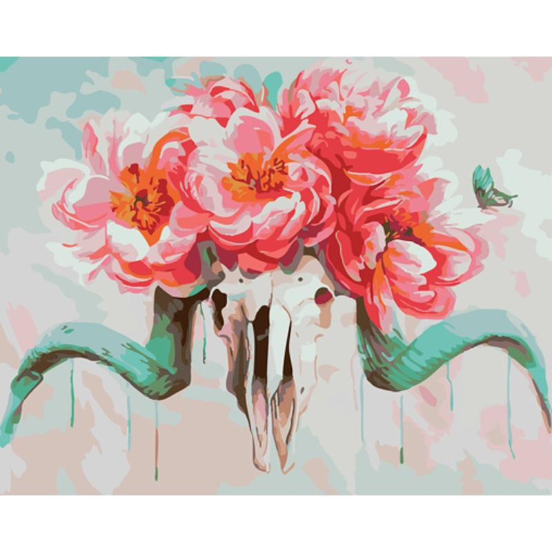 STRATEG Картина за номерами ПРЕМІУМ Череп з квітами з лаком розміром 40х50 см GS1112 - зображення 1