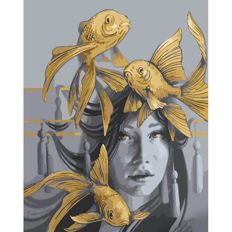 STRATEG Картина за номерами ПРЕМІУМ Золоті рибки з лаком розміром 40х50 см GS1253 - зображення 1