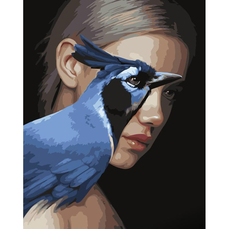 STRATEG Картина за номерами ПРЕМІУМ Дівчина та синій птах з лаком розміром 40х50 см GS1264 - зображення 1