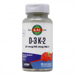 KAL БАД Вітаміни Д-3 та K-2, Vitamin D-3 K-2, , смак червоної малини, 1000 МО/45 мкг MK-7, 60 мікротабле