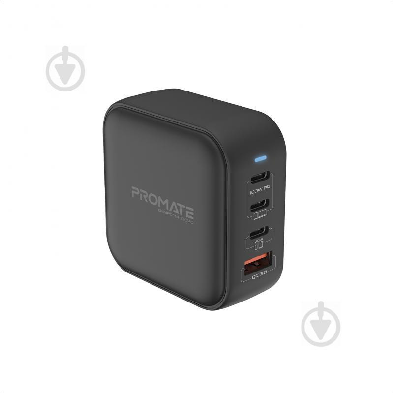 Promate GaNPort4-100PD 100W 3хUSB-C+USB-A Black (ganport4-100pd.black) - зображення 1