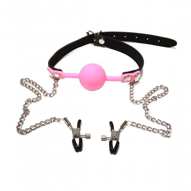 DS Fetish Кляп с зажимами на соски DS Fetish Locking gag with nipple clamps black/pink (221303054) - зображення 1