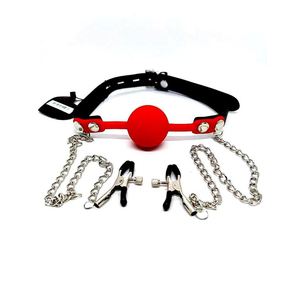 DS Fetish Кляп с зажимами на соски DS Fetish Locking gag with nipple clamps black/red (222002054) - зображення 1