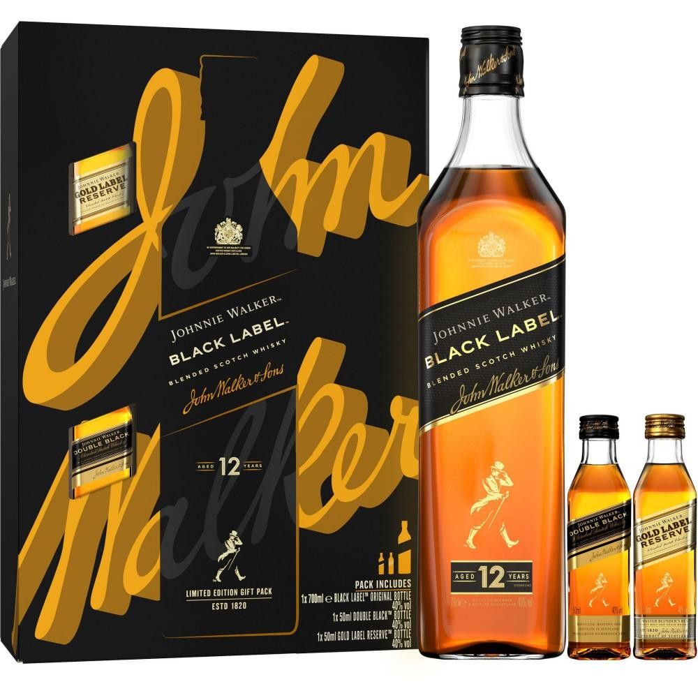 Johnnie Walker Набір віскі  Black Label 0,7 л + Double Black 0,05 л + Gold Reserve 0,05 л у подарунковій упаковці ( - зображення 1