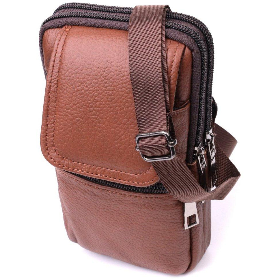 Vintage Світло-коричнева маленька чоловіча сумка з фактурної шкіри на пояс або на плече  2422565 - зображення 1