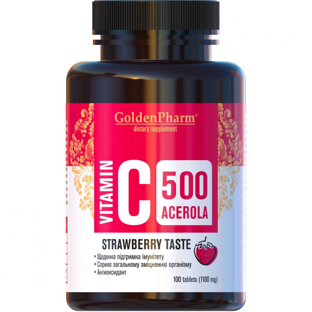 Golden Pharm Вітамін С  Ацерола зі смаком полуниці 1100 мг, 100 таблеток - зображення 1