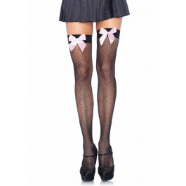Leg Avenue Fishnet Thigh Highs With Bow OS Black & Pink (SO8596)
