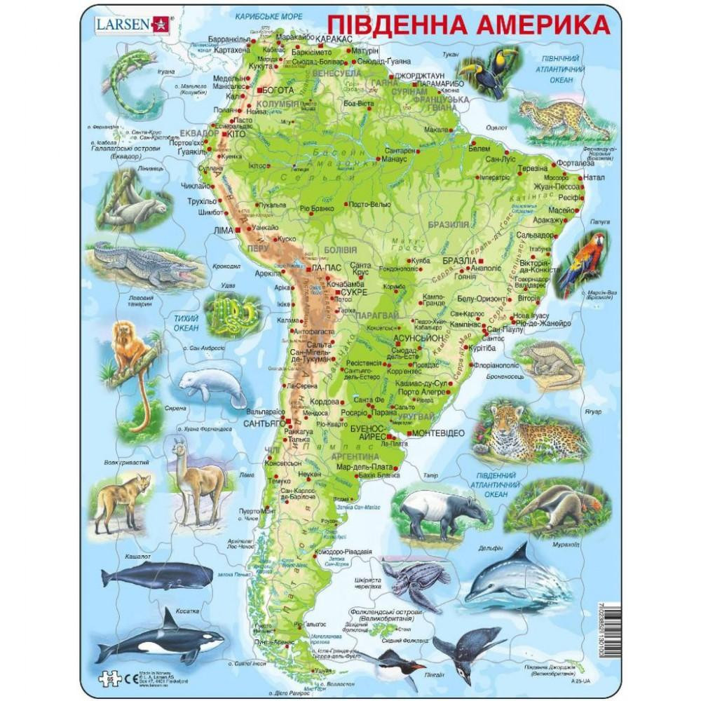 Larsen Пазл рамка-вкладыш  Карта Южной Америки - животный мир (на укр языке), серия МАКСИ A25-UA - зображення 1
