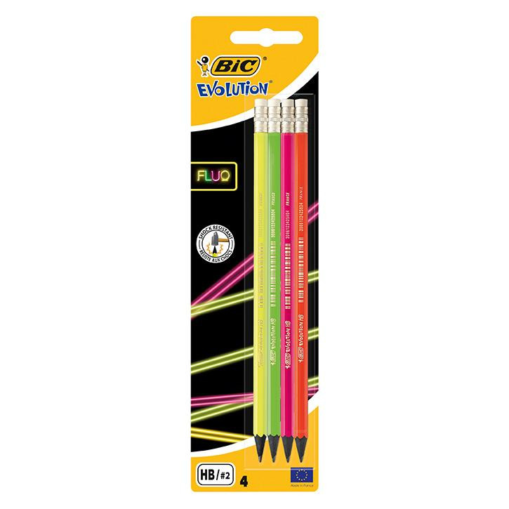 BIC Набор карандашей чернографитных 4 шт шестиугольных  Evolution Fluo HB 4 цвета с ластиком (3086123449 - зображення 1