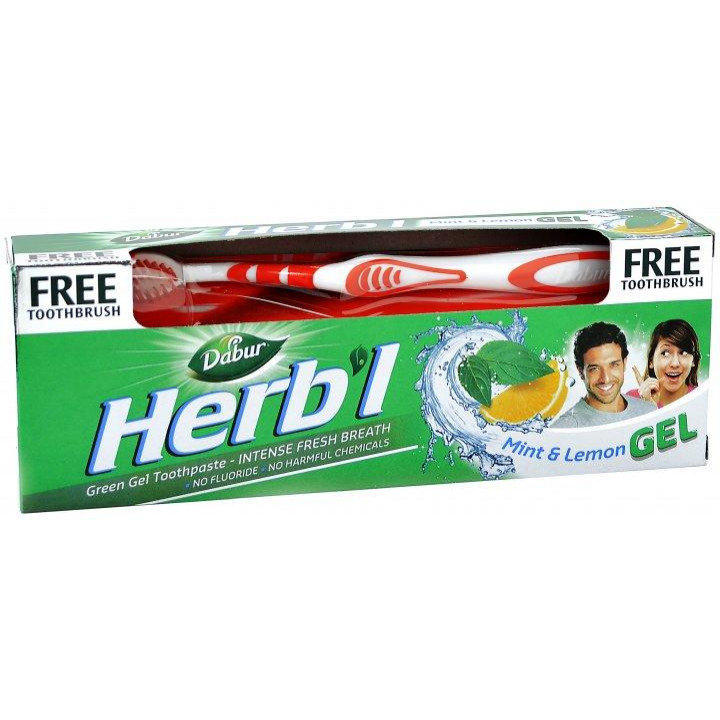 Dabur Зубная паста  Herb'l Свежий гель мята и лимон 150 г + щетка (5022496181211) - зображення 1