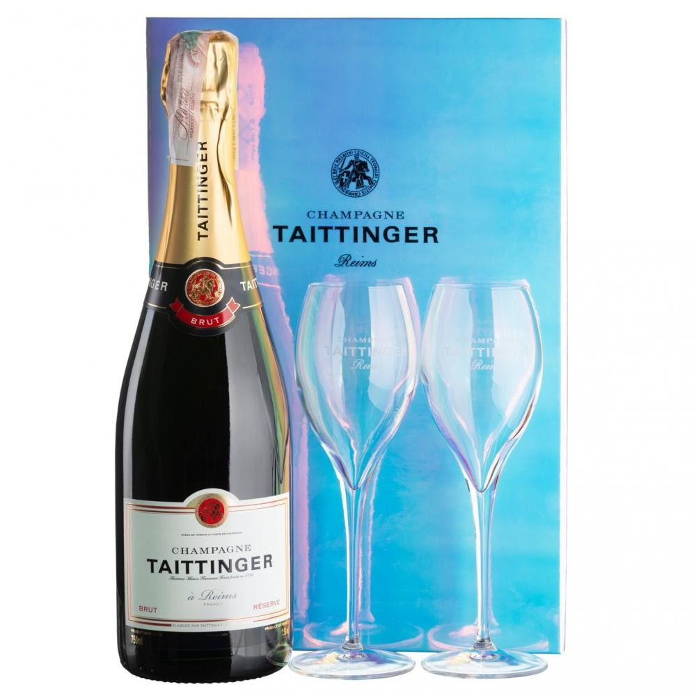Taittinger Шампанське  Brut Reserve, біле, брют, 12,5%, 0,75 л, + 2 келихи (8460) (3016570061294) - зображення 1