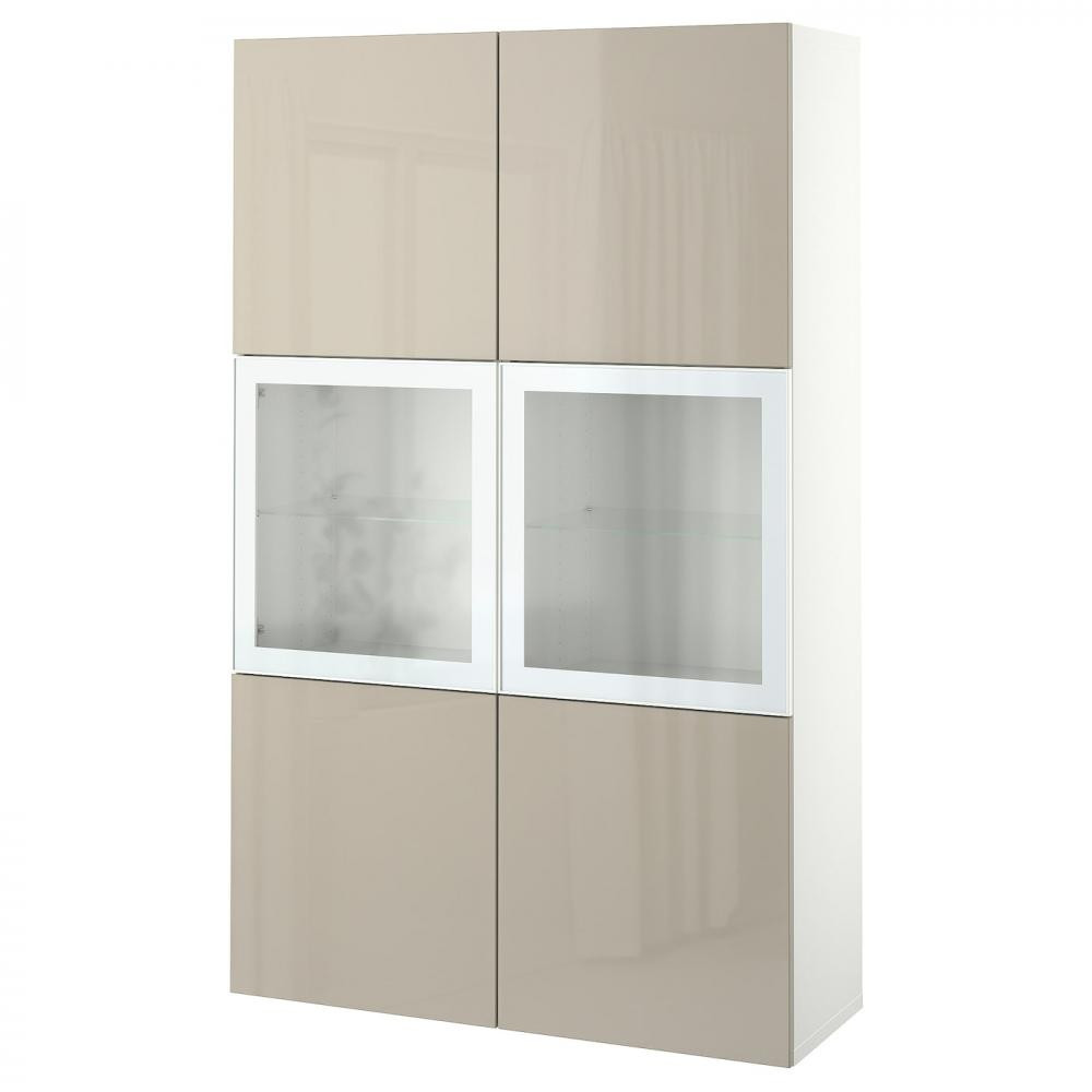 IKEA BESTA Книжкова шафа білий глянцевий/бежеве 120x42x193 (094.888.26) - зображення 1