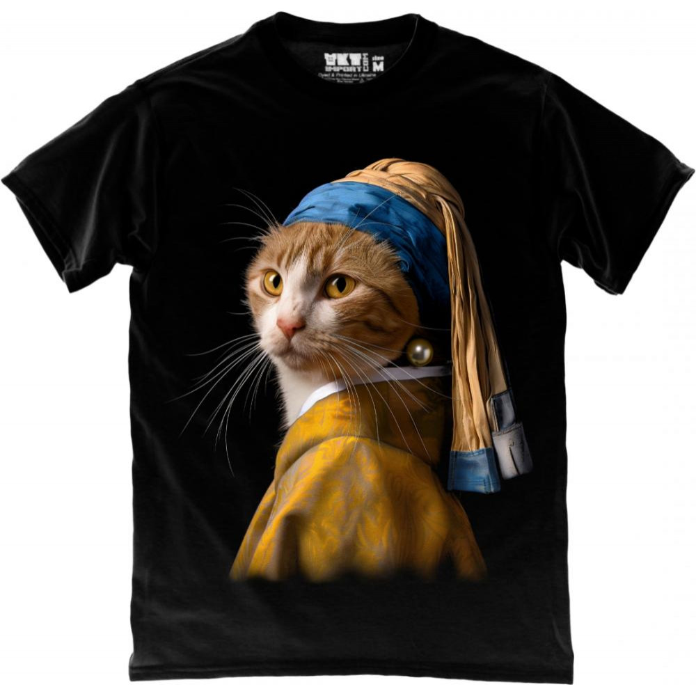 TKT Import Футболка бавовняна чорна з принтом Cat with a Pearl Earring  9000288-black S - зображення 1