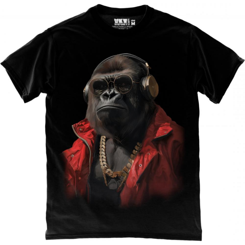 TKT Import Футболка бавовняна чорна з принтом Gorilla Wearing Headphones in Black  9000277-black XL - зображення 1