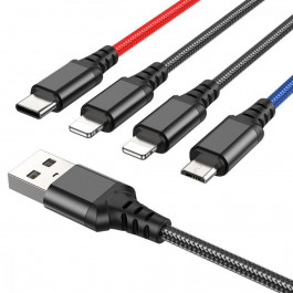 Hoco X76 4-in-1 USB-A to Lightning/Micro-USB/Type-C 1m Black/Red/Blue (6931474768643)
