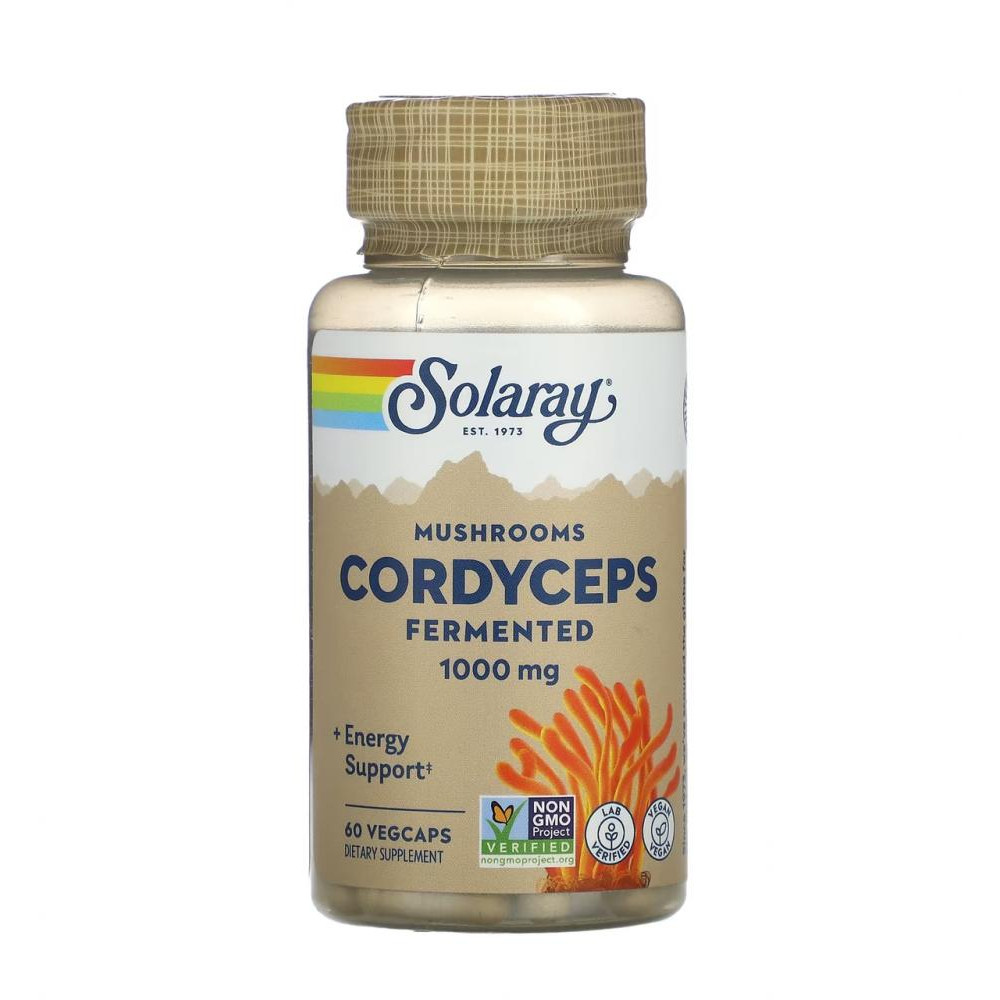 Solaray Кордицепс, грибы, Cordyceps, Solaray, органик, ферментированные, 500 мг, 60 вегетарианских капсул (S - зображення 1