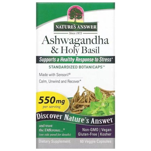 Natures Answer Ашваганда і базилік  Holy Basil 550 мг 60 вегетаріанських капсул (NTA16358) - зображення 1