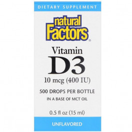 Natural Factors Витамин D3 в каплях, без ароматизаторов, Vitamin D3 Drops, Natural Factors, 400 МЕ, 15 мл