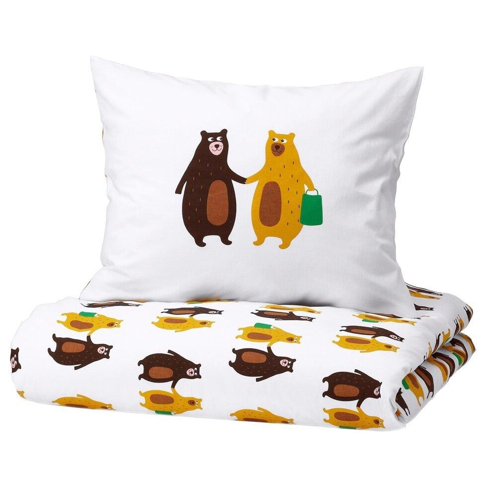 IKEA BRUMMIG Підковдра та наволочка малюнок ведмедя жовтий/коричневий 150x200/50x60 см ( - зображення 1