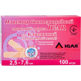 IGAR Пластир бактерицидний  Класичний на бавовняній основі 2.5х7.6 см №100 (4820017606325)