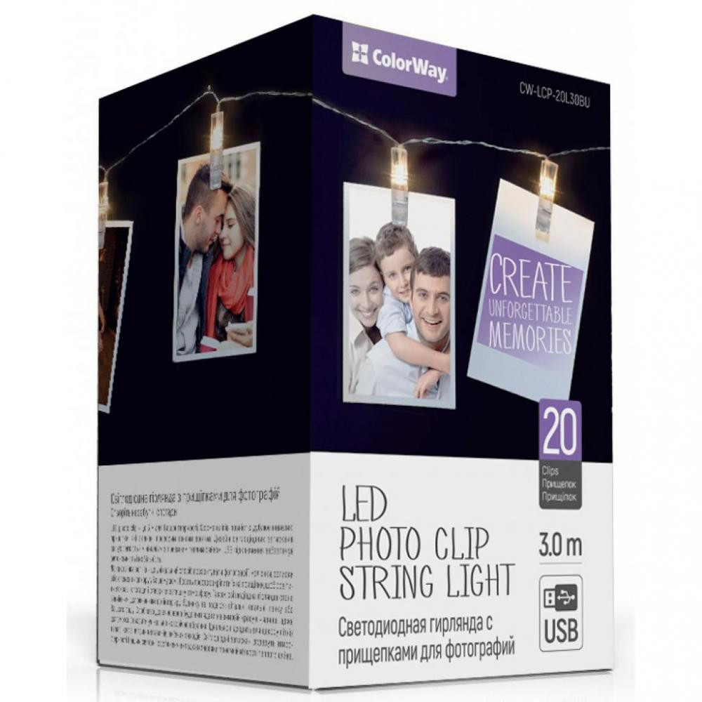 ColorWay 20 LED, 3м, USB, с прищепками для фото (CW-LCP-20L30BU) - зображення 1