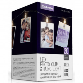 ColorWay 20 LED, 3м, USB, с прищепками для фото (CW-LCP-20L30BU)