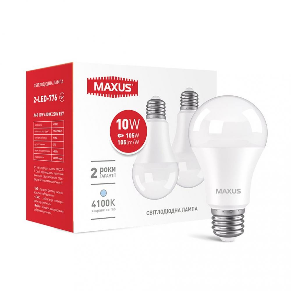 MAXUS LED A60 10W 4100K 220V E27 набор 2 шт (2-LED-776) - зображення 1