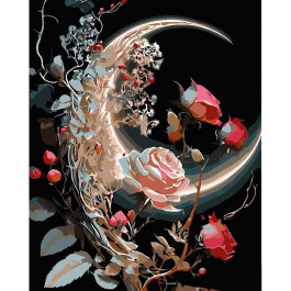 STRATEG Картина за номерами ПРЕМІУМ Місяць у трояндах на чорному фоні розміром 40х50 см AH1004