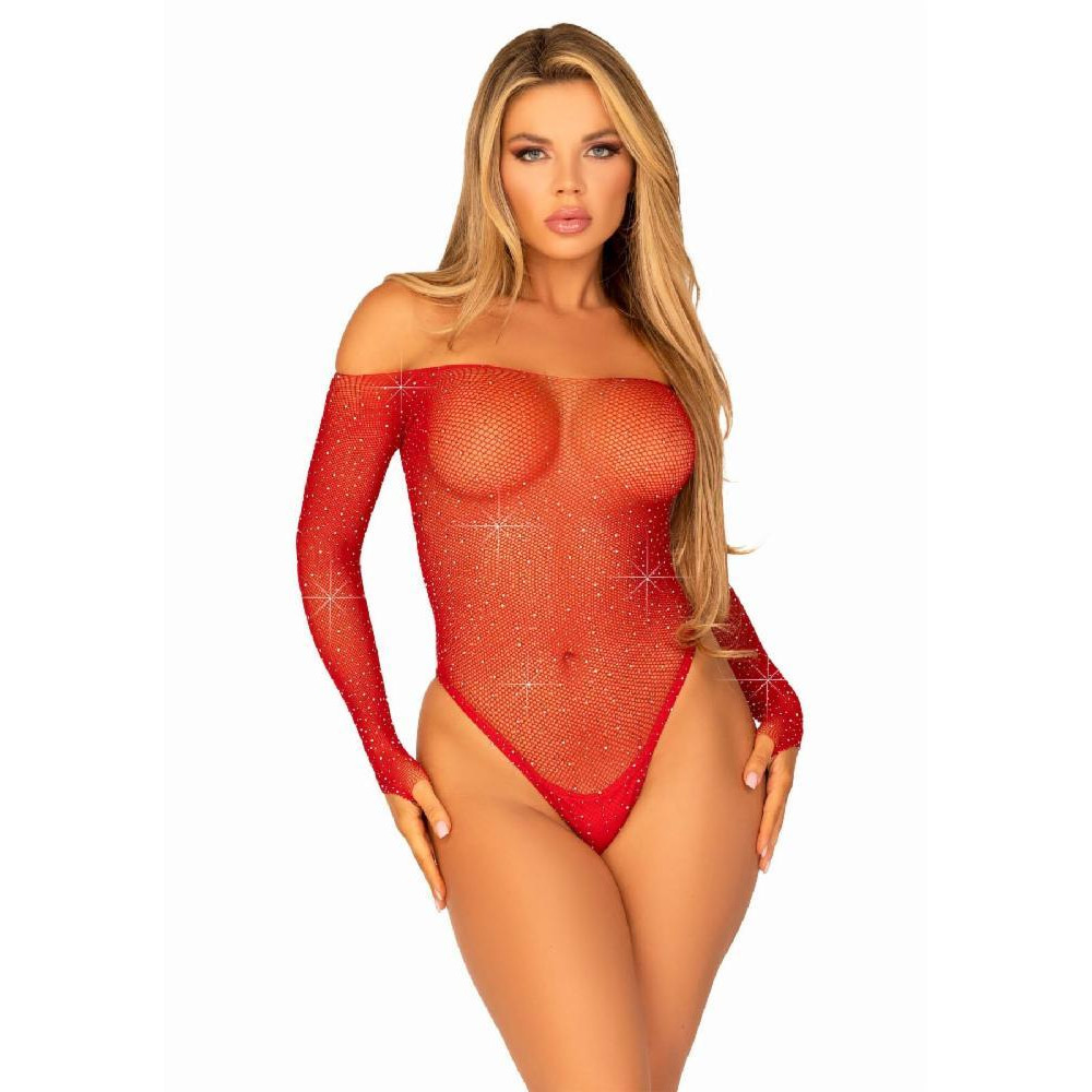 Leg Avenue Боді  Crystallized fishnet bodysuit Red One Size - зображення 1