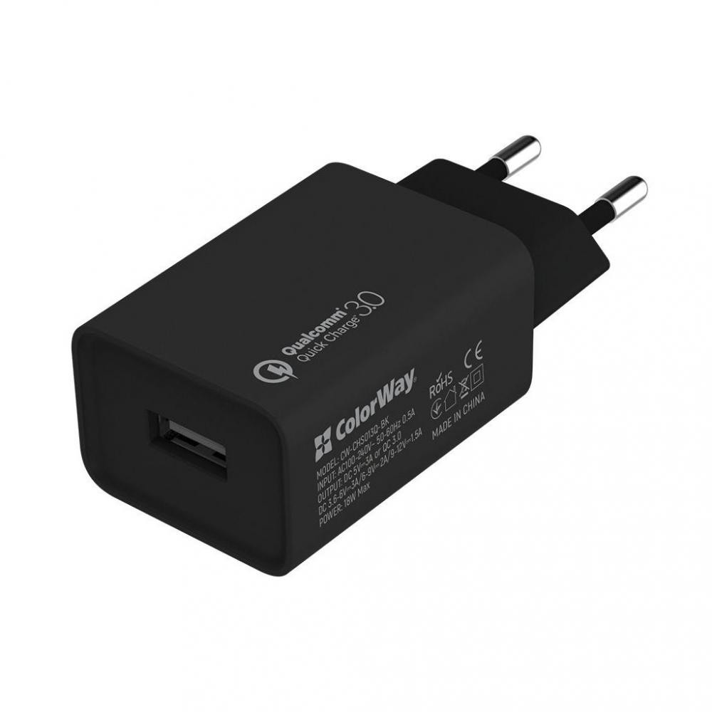 ColorWay 1USB Quick Charge 3.0 (18W) + Lightning Black (CW-CHS013QCL-BK) - зображення 1
