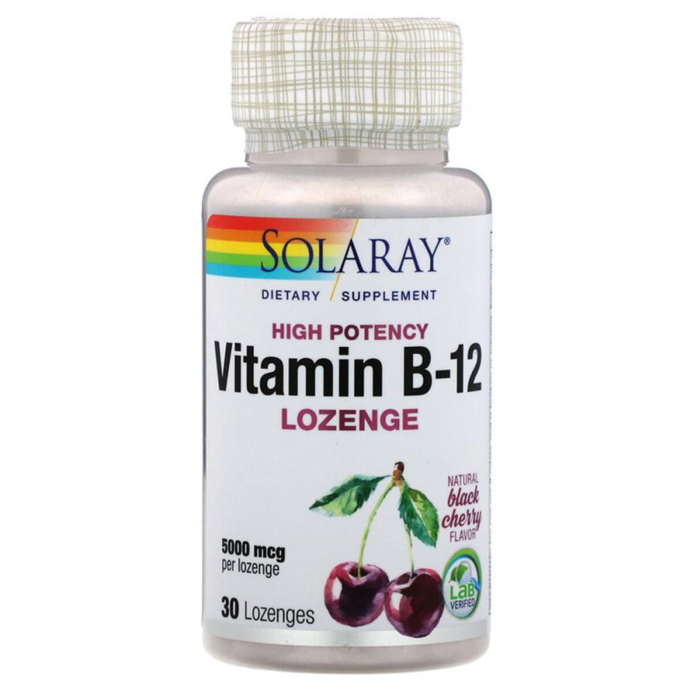 Solaray Витамин B12, 5000 мкг, вкус натуральной черной вишни, Solaray, 30 леденцов - зображення 1