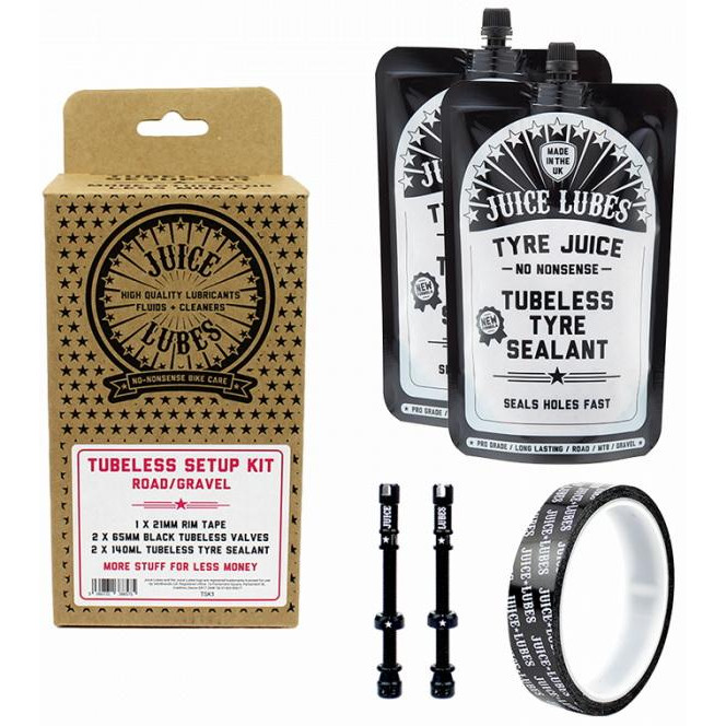 Juice Lubes Набір (комплект) для безкамерки , Tubeless Setup Kit, Road/Gravel, 21mm Tape, 65mm Valves, 280ml sea - зображення 1