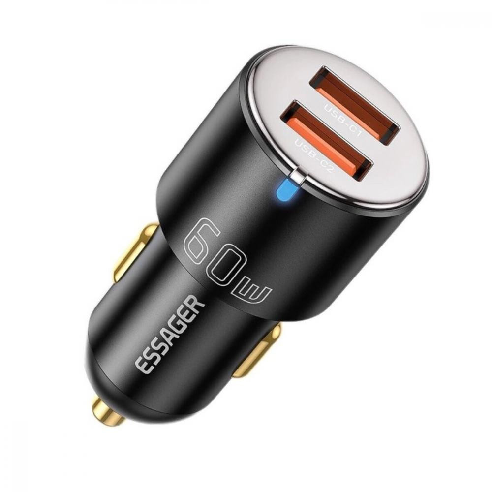 Essager F689 66W Dual USB C+USB A Fast Car Charger Adapter Black (ECC2C1A-FF01) - зображення 1