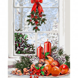 STRATEG Картина за номерами ПРЕМІУМ Зима за вікном з лаком та з рівнем розміром 40х50 см GS1565
