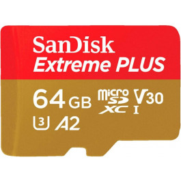   SanDisk 64 GB microSDXC UHS-I U3 V30 A2 Class 10 Extreme Plus + SD-adapter (SDSQXBU-064G-GN6MA)