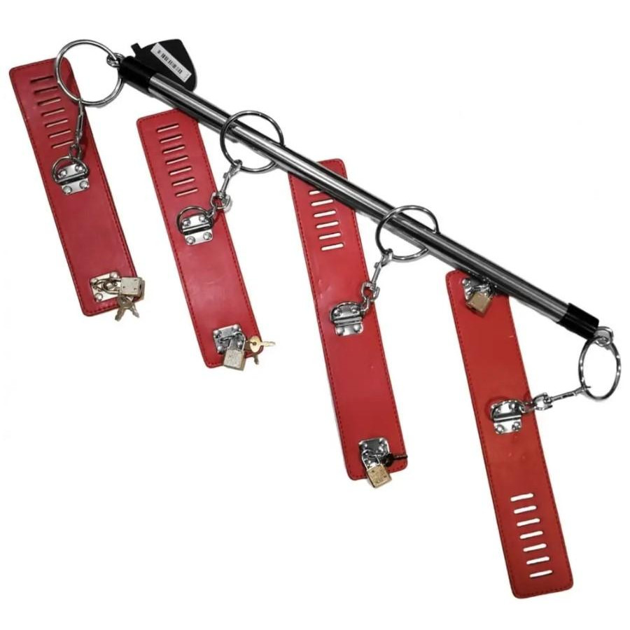 DS Fetish Фіксатори для рук і ніг  Metal Hand And Ankle Spreader Bar With Carbines, червоні (2000000037172) - зображення 1