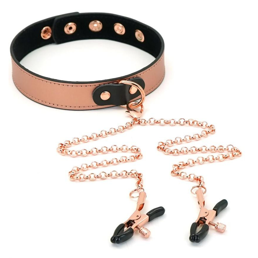 Liebe Seele Нашийник з затискачами для сосків  Rose Gold Memory Thin Leather Collar with Nipple Clamps, золото-ч - зображення 1