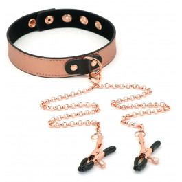   Liebe Seele Нашийник з затискачами для сосків  Rose Gold Memory Thin Leather Collar with Nipple Clamps, золото-ч