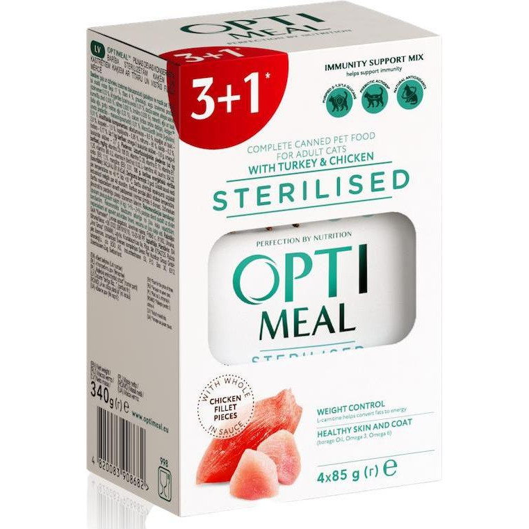 Optimeal Sterilised С индейкой и кусочками куриного филе в соусе 85 г 4 шт (4820083908682) - зображення 1