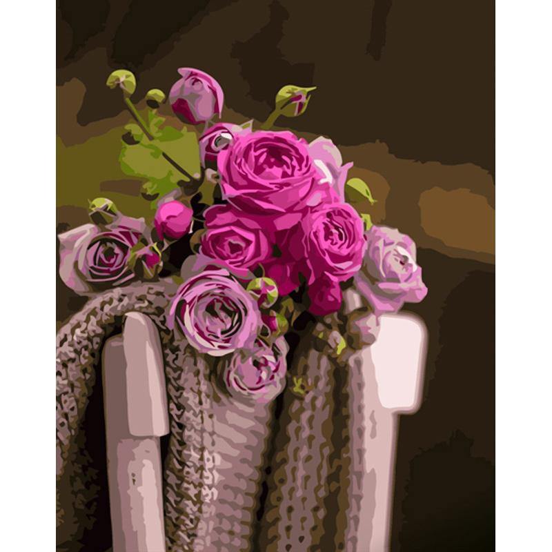 STRATEG Картина за номерами ПРЕМІУМ Троянди на стільці з лаком та з рівнем розміром 40х50 см GS1487 - зображення 1