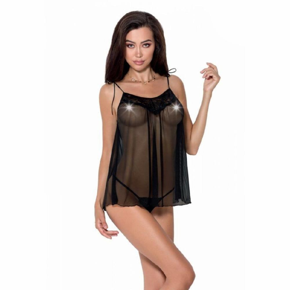 Passion Сорочка прозрачная беби долл MELANIA CHEMISE black XXL/XXXL - Passion, трусики, на тонких бретелях - зображення 1