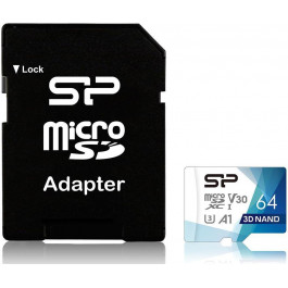   Silicon Power 64 GB microSDHC Class 10 UHS-1 (U3) V30 SuperiorProColor + SD adapter SP064GBSTXDU3V20AB