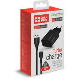   ColorWay 1USB Quick Charge 3.0 (18W) + Lightning Black (CW-CHS013QCL-BK)