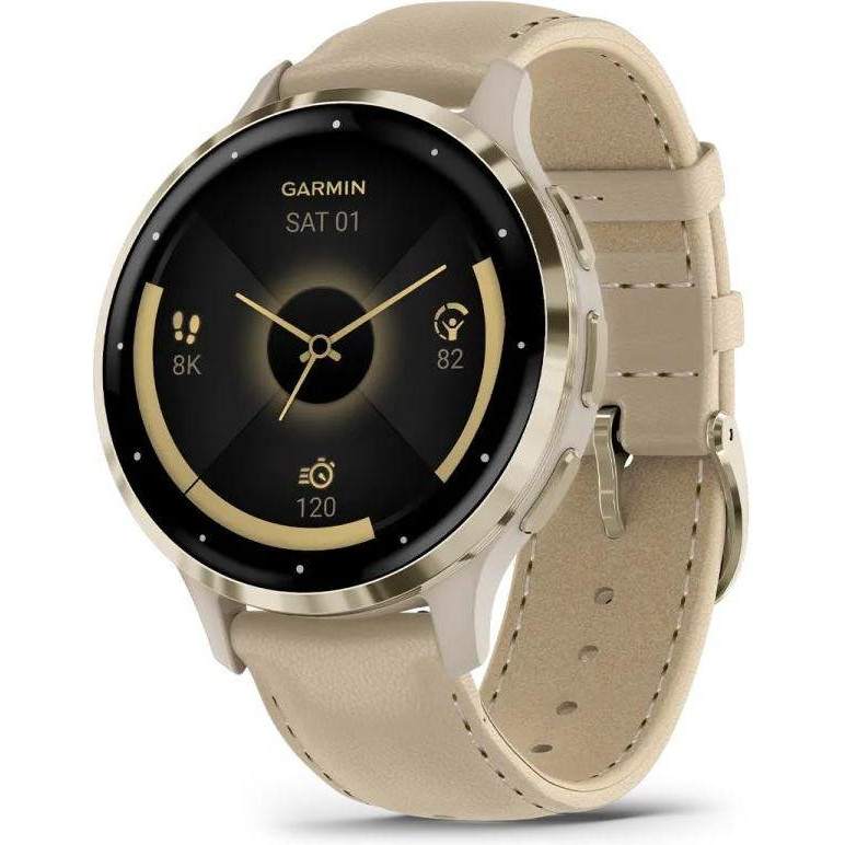 Garmin Venu 3S Soft Gold S. Steel Bezel w. French Gray Case and Leather Band (010-02785-55) - зображення 1