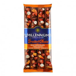   Millennium Шоколад молочний  Fruits & Nuts мигдаль-лісовий горіх-курага-родзинки, 90 г (4820240030522)