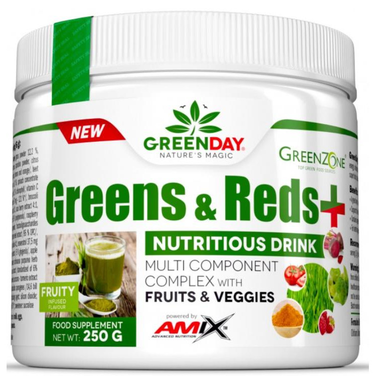 Amix GreenDay Greens & Reds Комплекс червоних та зелених фруктів + вітаміни 250 г смак фруктовий - зображення 1